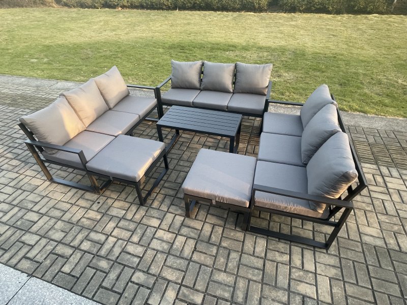Fimous Aluminium Outdoor Garden Furniture Set Lounge Sofa Oblong Coffee Table 2 PC Big Footstool Sets with Cushions Dark Grey 11 Seater