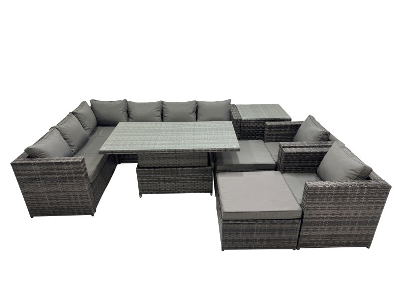 Fimous 10-seater Height Adjustable Rising Lifting Table Corner Sofa Set Rattan Garden Furniture Dining Set with 2 Big Stools Side Table Dark Grey Mixed