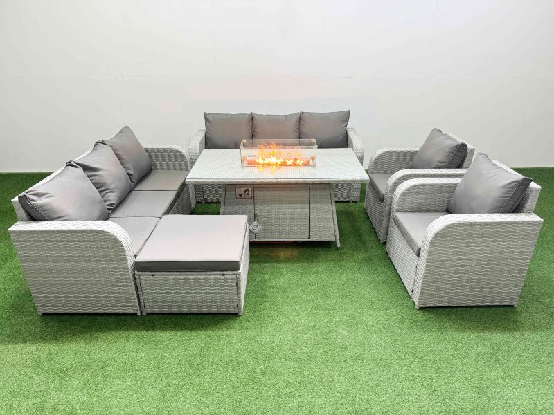 Fimous PE Rattan High Back Lounge Sofa Set Patio Firepit Dining Table & Chairs Set with 3 Seater Sofa Reclining Chair Big Footstool Light Grey