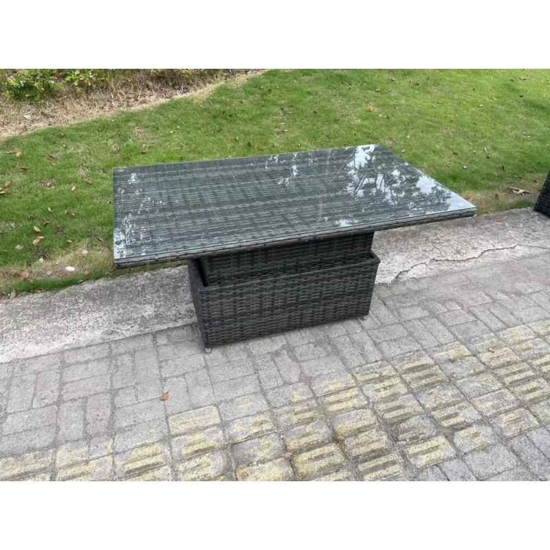 Fimous 11 Seater Outdoor Rattan Garden Furniture Sofa Set Patio Adjustable Rising Lifting Dining Table Set with Side Table 2 Big Footstools Dark Grey Mixed