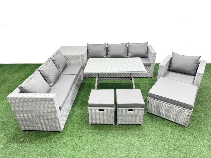 Fimous Outdoor Rattan Garden Furniture Dining Set 10-seater Patio Rectangular Table 3 Seater Sofa Armchair Set with Side Table 3 Stools