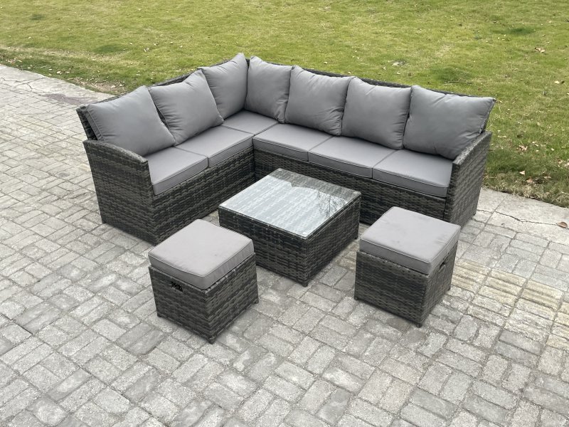 Fimous 8 Seater Outdoor Garden Furniture Set Wicker PE Rattan Corner Sofa Set with Square Coffee Table 2 Small Footstools Dark Grey Mixed