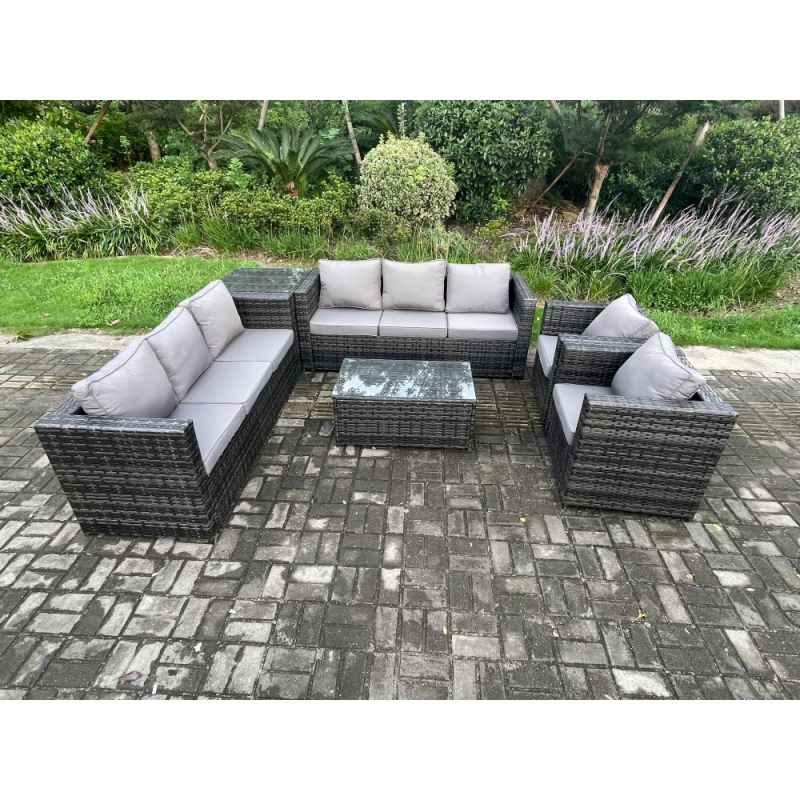 Fimous 8 Seater Outdoor Lounge Sofa Set Wicker PE Rattan Garden Furniture Set with 2 Armchair Oblong Coffee Table Side Table Dark Grey Mixed