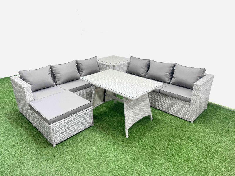 Fimous Rattan Garden Furniture Dining Set 7-seater Patio Rectangular Table 3 Seater Sofa Set with Side Table Big Stool Light Grey