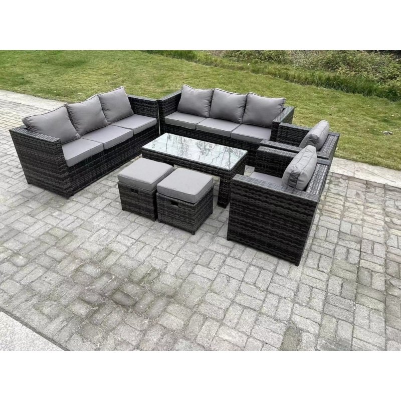 Fimous Outdoor Rattan Garden Furniture Lounge Sofa Set With Oblong Rectagular Coffee Table 2 PC Arm Chair 2 Stools