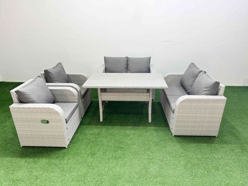 Fimous 6 Seater Outdoor Reclining Chair Love Sofa Set Rattan Garden Furniture Set with Rectangular Dining Table Light Grey