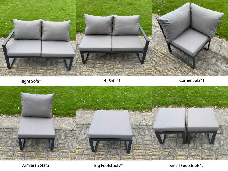 Fimous 12 Seater Aluminium Sofa Set 11 Pieces Outdoor Garden Furniture - Rising Dining Table with Cushions 2 Big Footstools 3 Chairs Footstool Dark Grey