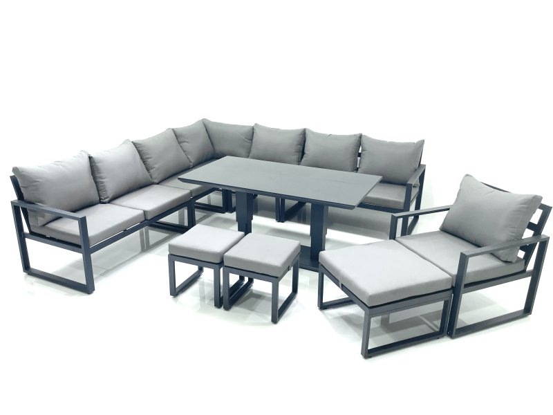 Fimous 11 Seater Outdoor Aluminum Garden Furniture Set Corner Sofa Chair 3 Footstools Adjustable Rising Lifting Dining Table Sets Dark Grey