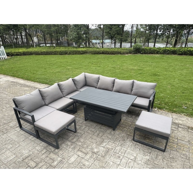 Fimous 11 Seater Aluminium Sofa Set 10 Pieces Outdoor Garden Furniture - Rising Dining Table with Cushions Big Footstool 3 Chairs Footstool Dark Grey