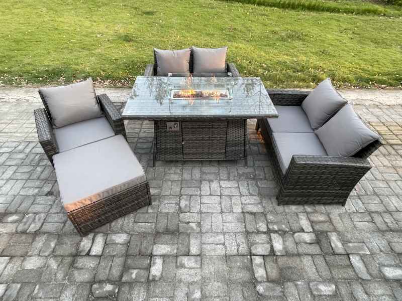 Fimous Rattan Outdoor Garden Furniture Gas Fire Pit Table Sets Gas Heater with Double Seat Sofa Armchair Big Footstool 6 Seater Dark Mixed Grey