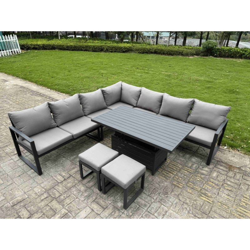 Fimous 6 Piece L-shaped Garden Furniture Set 7-Seater Aluminium Outdoor Dining Set with Adjustable Rising Lifting Dining Table Dark Grey