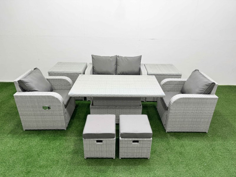 Fimous Light Grey PE Wicker Rattan Garden Furniture Set Sofa Set Reclining Chair Adjustable Lifting Dining or Coffee Table 6 Seater 2 Small Stools 2 Side Table