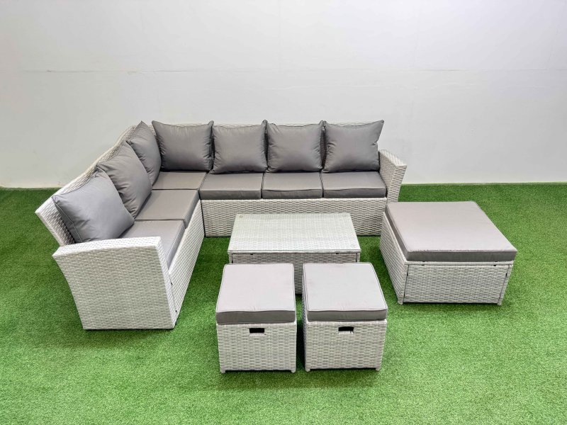 Fimous Outdoor Rattan Garden Furniture Set 9 Seater Corner Sofa Sets with Square Coffee Table 3 Footstools Light Grey Mixed