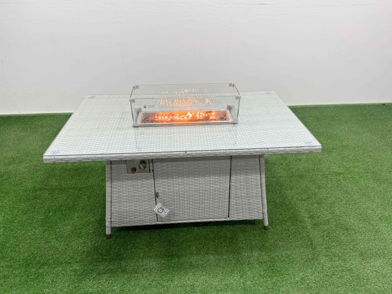 Fimous 8 Seat PE Rattan Lounge Sofa Set Outdoor Garden Furniture Set with Firepit Dining Table 3 Seater Sofa Side Table Light Grey