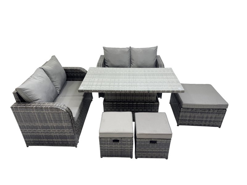 Fimous 7-seater Patio Height Adjustable Rising Lifting Table Sofa Sets Rattan Garden Furniture Dining Set with 3 Stools Dark Grey Mixed