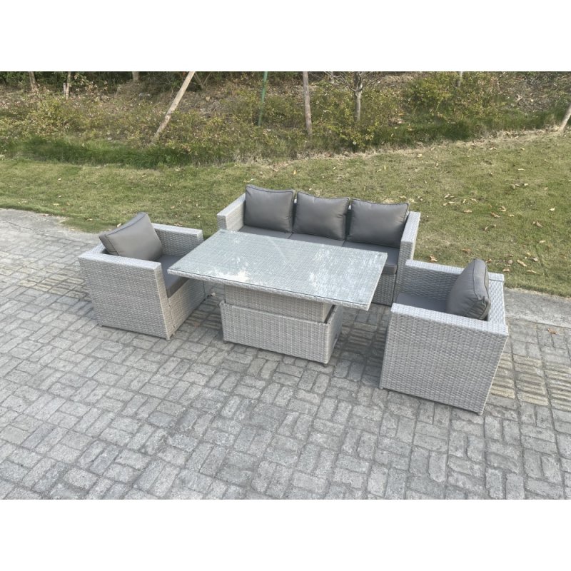 Fimous Rattan Garden Funiture Set Height Adjustable Rising Lifting Table Sofa Dining Set With 2 Arm Chair