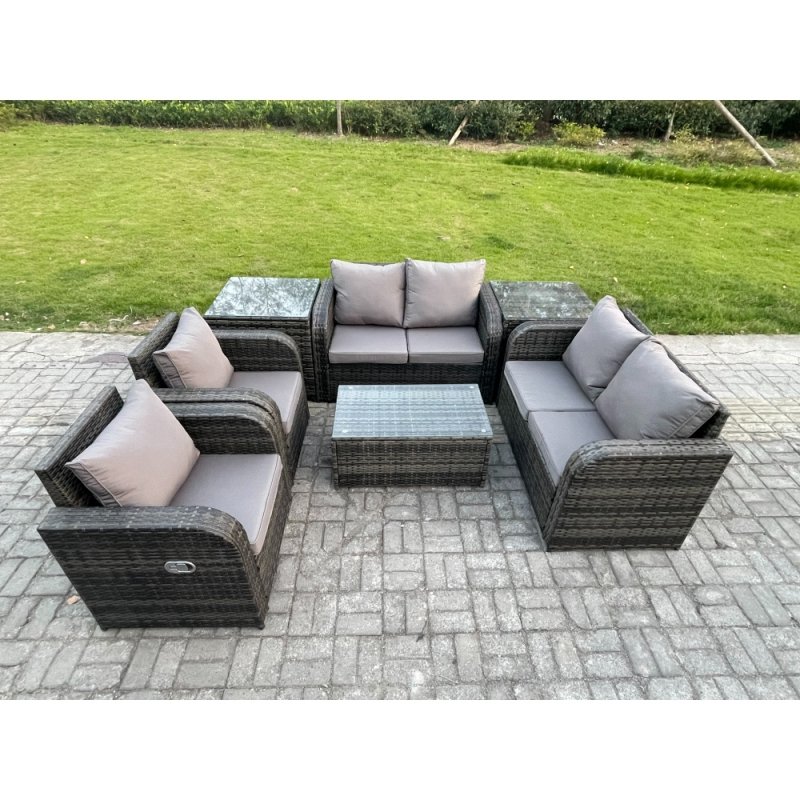 Fimous Rattan Garden Furniture Set Patio Outdoor Lounge Sofa Set with 2 Reclining Chairs Rectangular Coffee Table 2 Side Tables Dark Grey Mixed