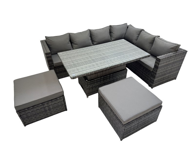 Fimous 8 Seater Rattan Height Adjustable Rising Lifting Table Corner Sofa Sets with 2 Big Footstools Dark Grey Mixed