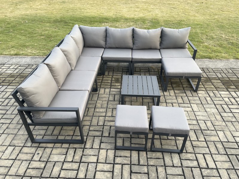 Fimous Aluminium Outdoor Garden Furniture Set Lounge Corner Sofa Square Coffee Table Sets with 3 Footstools Dark Grey