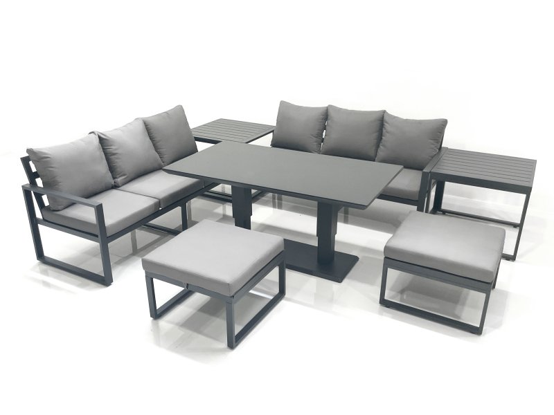 Fimous 8 Seater Aluminium Outdoor Garden Furniture Set with Adjustable Rising Lifting Dining Table 3 Seater Sofa 2 Big Footstool 2 Side Tables Dark Grey