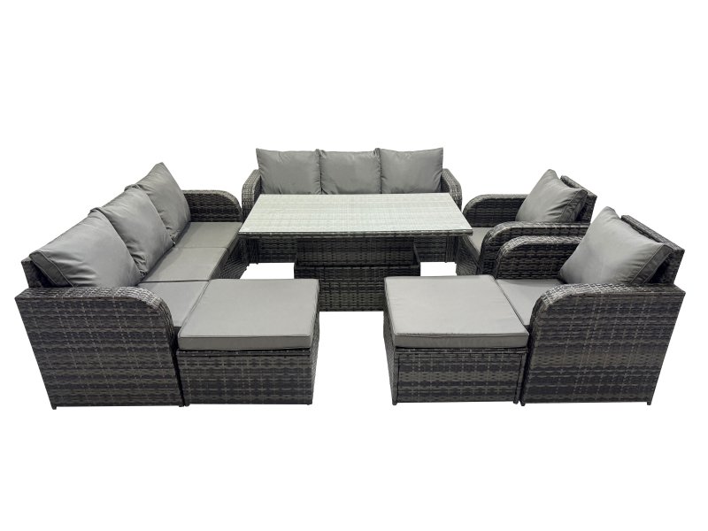 Fimous Rattan Garden Furniture Dining Set 10-seater Patio Height Adjustable Rising Lifting Table Sofa Set with 2 Big Footstool Dark Grey Mixed