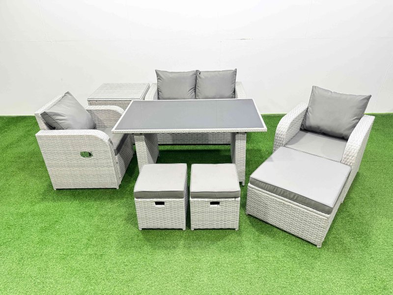 Fimous Outdoor Rattan Garden Furniture Dining Set 7-seater Patio Rectangular Table Love Sofa Reclining Chair Set with Side Table 3 Stools