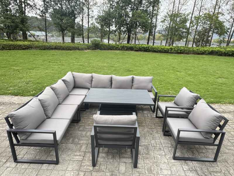 Fimous 10 Piece L-shaped Garden Furniture Set 11-Seater Aluminium Outdoor Dining Set with Adjustable Rising Lifting Dining Table 2 Chairs 2 Small Footstools Dark Grey