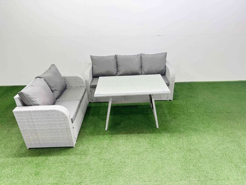 Fimous Outdoor PE Rattan Garden Furniture Set Rectangular Dining Table Sofa Set Light Grey