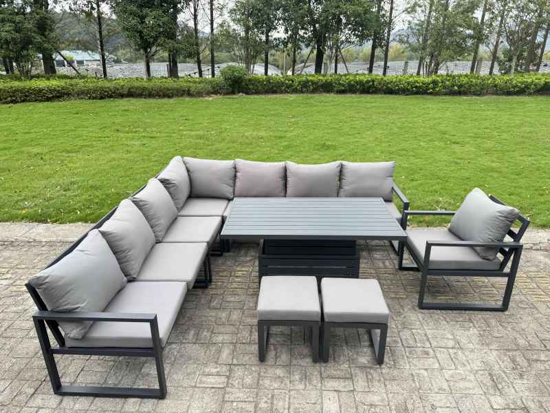 Fimous 7 Piece L-shaped Garden Furniture Set 8-Seater Aluminium Outdoor Dining Set with Adjustable Rising Lifting Dining Table Dark Grey