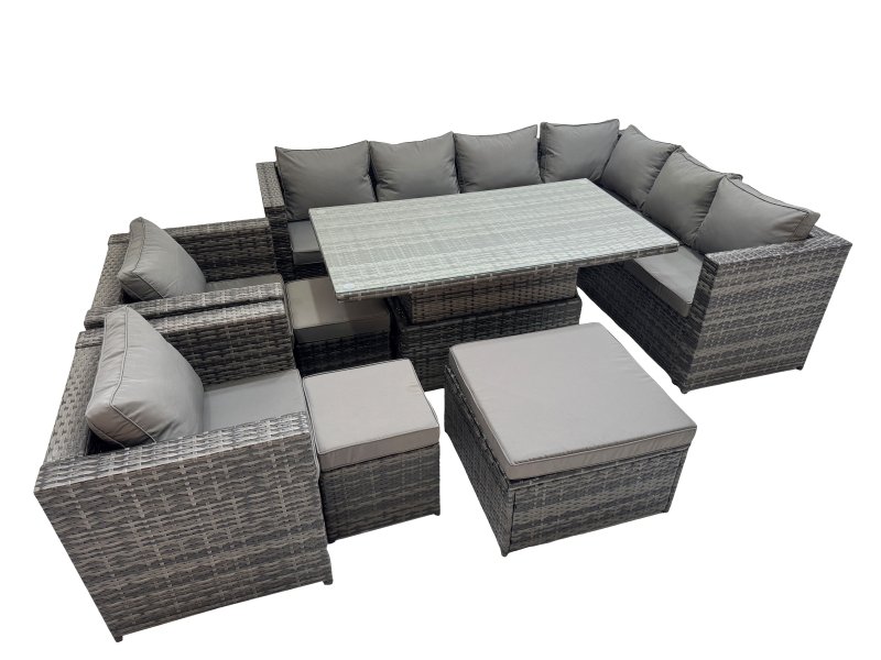 Fimous 11 Seater Rattan Height Adjustable Rising Lifting Table Corner Sofa Sets with 2 Chairs 3 Stool Dark Grey Mixed