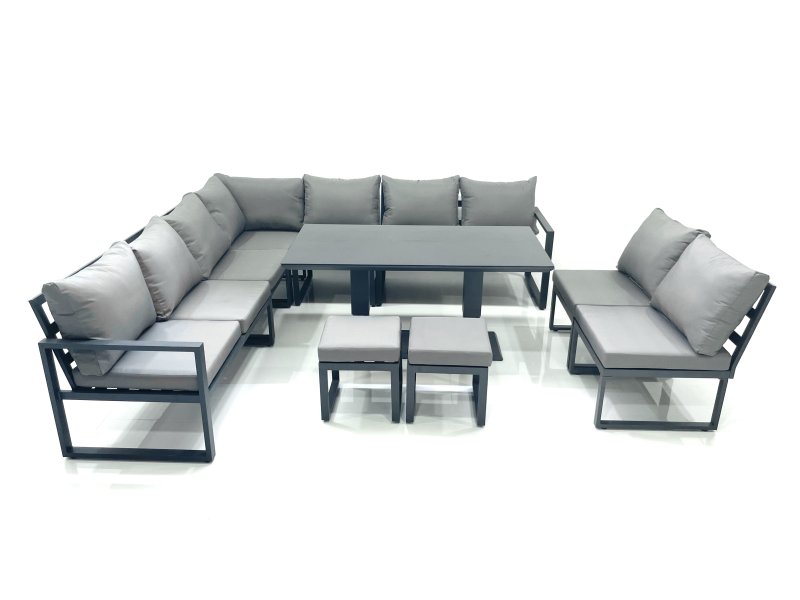 Fimous 11 Seater Outdoor Aluminum Garden Furniture Set Corner Sofa 2 Small Footstools Rising Lifting Dining Table Sets Dark Grey