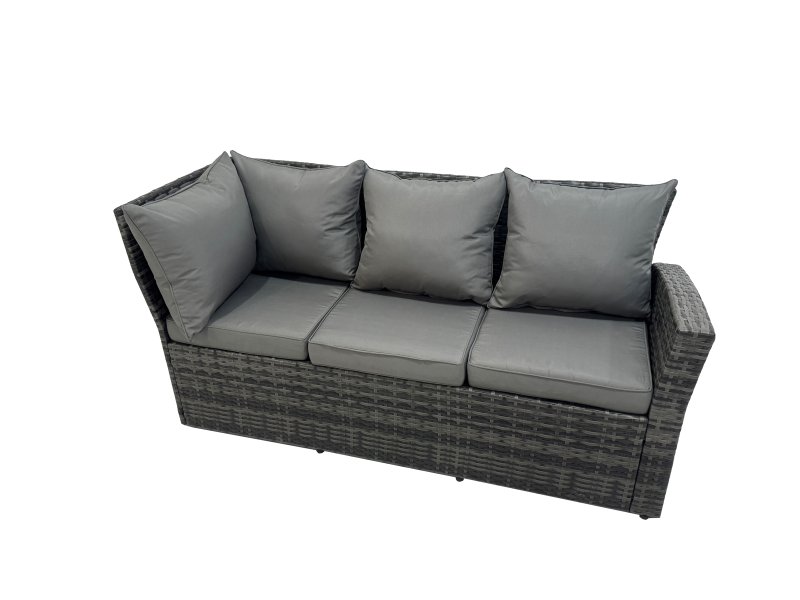 Fimous Outdoor Furniture Garden Dining Set Rattan Corner Sofa Chair Set Gas Fire Pit Table with Temper Glass 2 Big Footstools Dark Grey Mixed