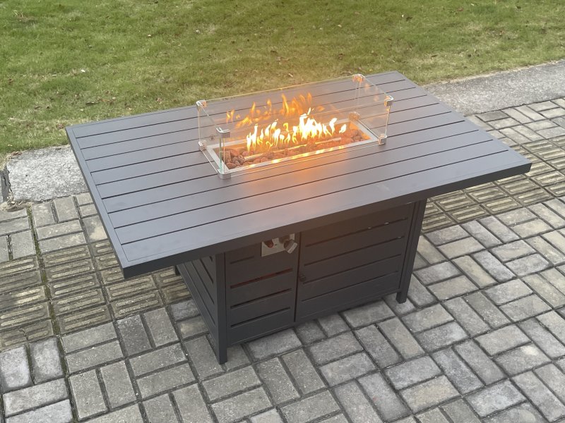 Fimous Aluminium Outdoor Garden Furniture Set Patio Lounge Sofa Gas Fire Pit Dining Table Set with 2 Small Footstools Side Table Dark Grey
