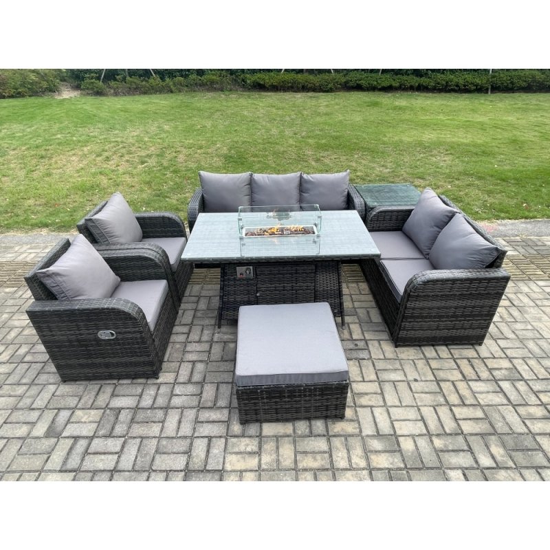 Fimous PE Wicker Outdoor Rattan Garden Furniture Set Propane Gas Fire Pit Table and Sofa Chair set with Side Table Big Footstool