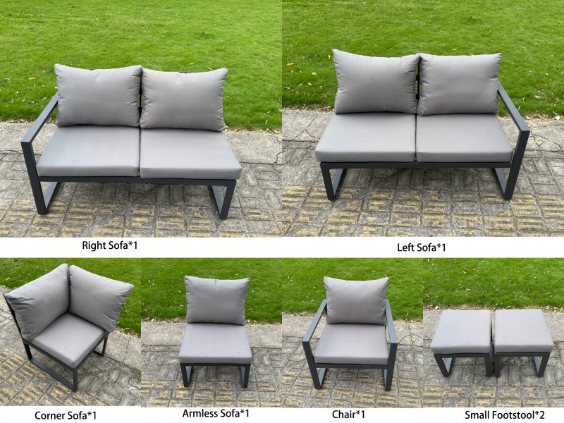 Fimous 6 Pieces Aluminium Garden Furniture Sets with Adjustable Rising Lifting Dining Table 7 Seater Corner Sofa Set Dark Grey