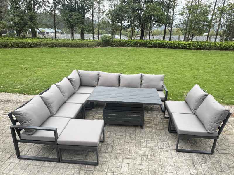 Fimous 10 Pieces Aluminium Garden Furniture Set with Cushions, Patio Furniture Set with Adjustable Rising Lifting Dining Table 2 Small Footstools Dark Grey