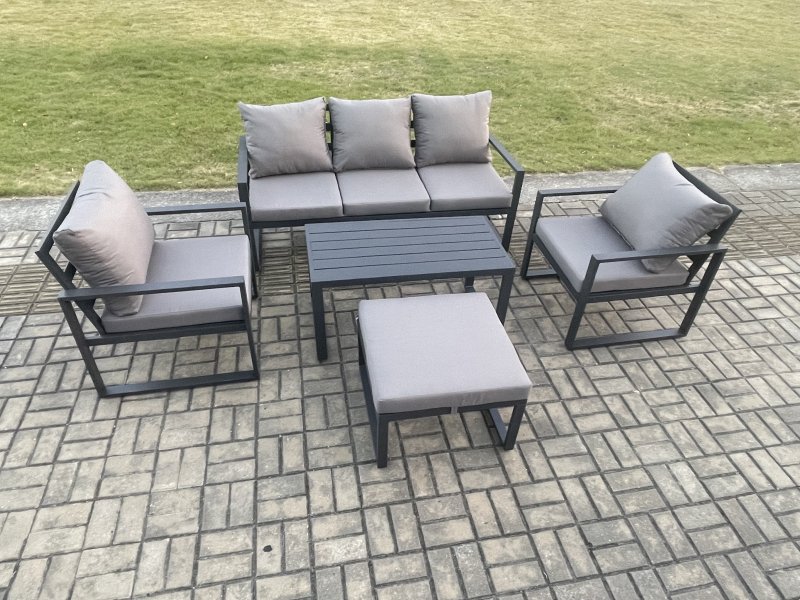 Fimous Aluminium Patio Outdoor Furniture Set 6 Seater Garden Sofa with Oblong Coffee Table Big Footstool 2 Armchairs Dark Grey