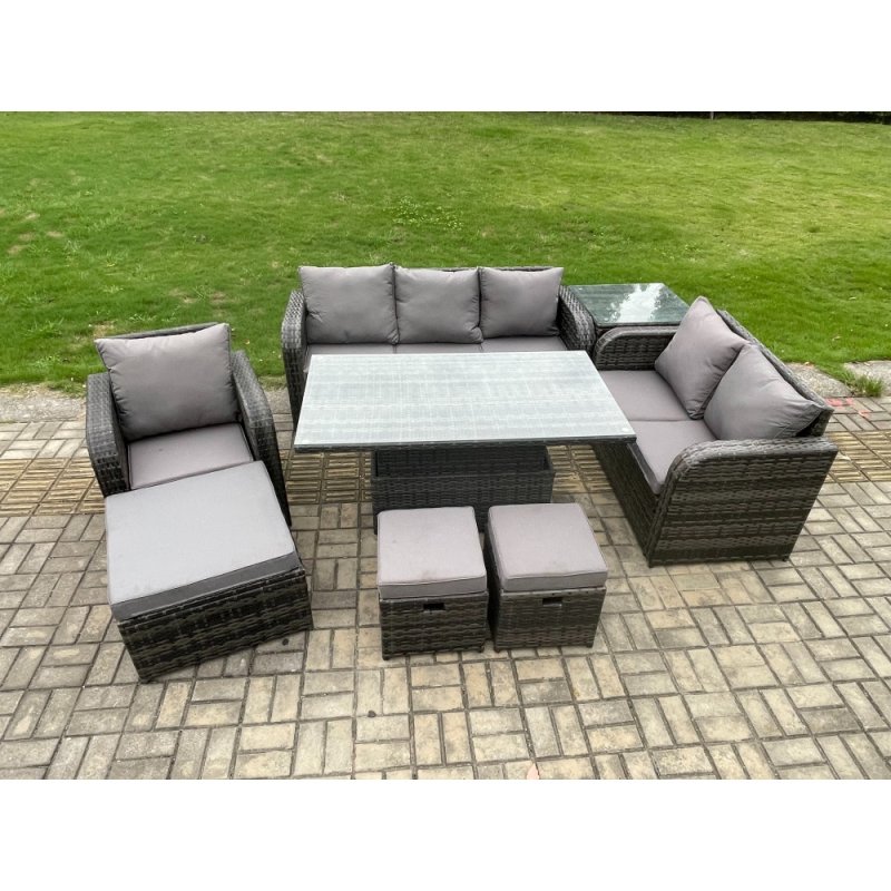 Fimous Rattan Outdoor Furniture Garden Dining Set Patio Height Adjustable Rising lifting Table Reclining Chair Sofa With Side Table 3 Footstools Dark Grey Mixed