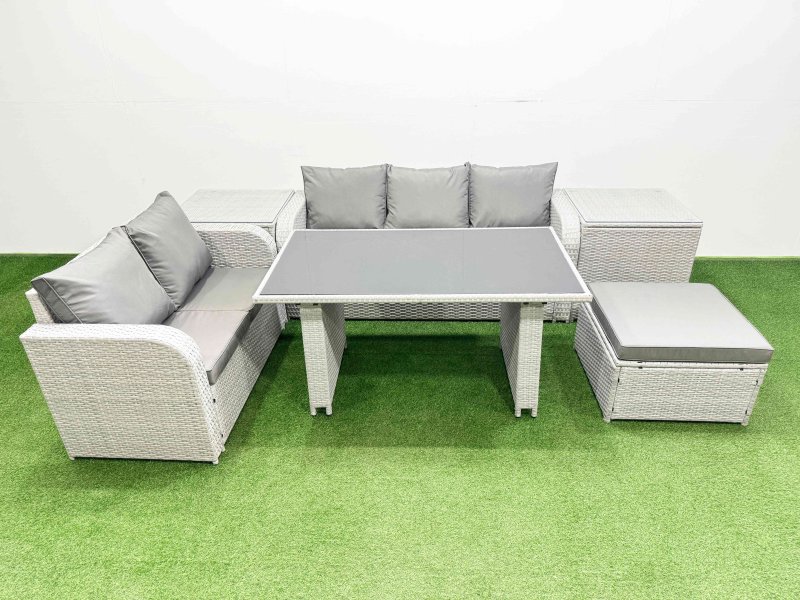 Fimous Garden Furniture Set PE Ratten Garden Sofa Set with Rectangular Dining Table Big Stool 2 Side Tables Light Grey