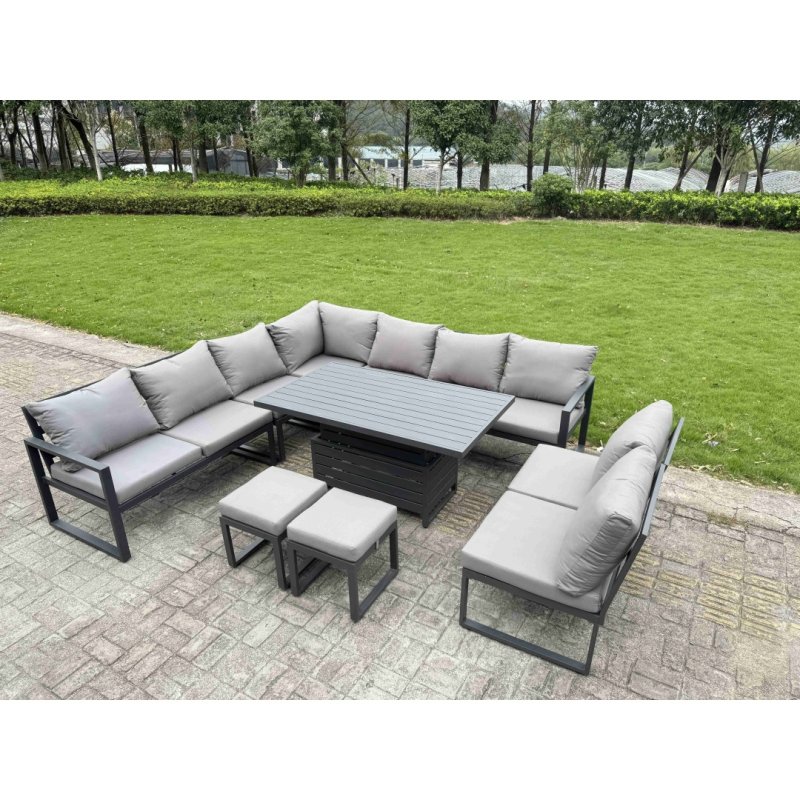 Fimous 8 Pieces Aluminium Garden Furniture Set with Cushions, Patio Furniture Set with Adjustable Rising Lifting Dining Table Dark Grey