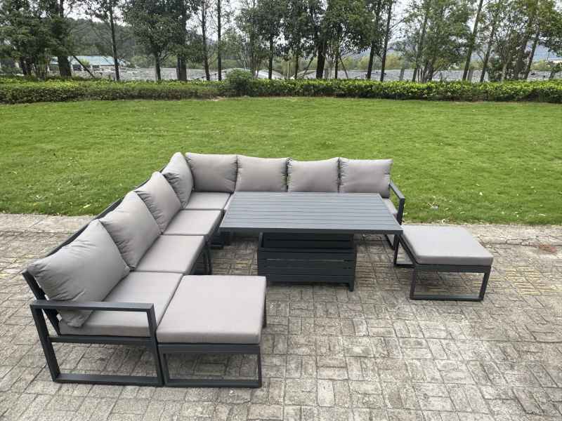 Fimous 11 Seater Aluminium Sofa Set 10 Pieces Outdoor Garden Furniture - Rising Dining Table with Cushions Big Footstool 3 Chairs Footstool Dark Grey