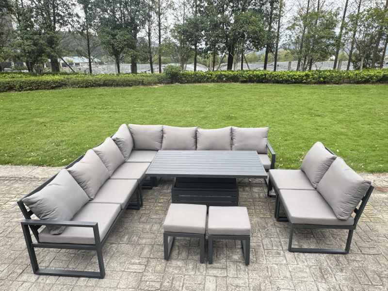 Fimous 8 Pieces Aluminium Garden Furniture Set with Cushions, Patio Furniture Set with Adjustable Rising Lifting Dining Table Dark Grey