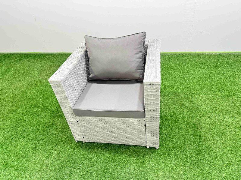Fimous Patio Garden Furniture Sets with Black Glass Top Dining Table Armchair 3 Seater Sofa 2 Small Stool Light Grey