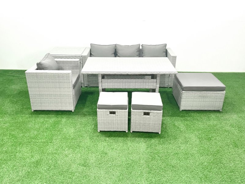 Fimous Rattan Garden Furniture Dining Set 7 Seater Lounge Sofa Chair Dining Table Set with 3 Footstools Side Table Light Grey Mixed