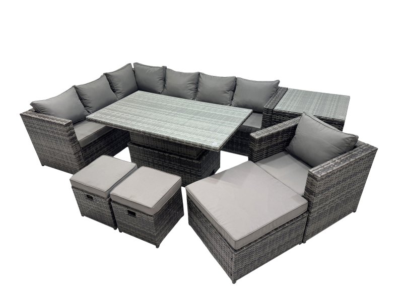 Fimous 10-seater Height Adjustable Rising Lifting Table Corner Sofa Set Rattan Garden Furniture Dining Set with 3 Stool Side Table Dark Grey Mixed