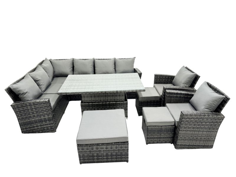 Fimous Poly Rattan Outdoor Patio Height Adjustable Rising Lifting Table Corner Sofa Set with 3 Stool,2 Chairs for Garden Backyard Dark Grey Mixed