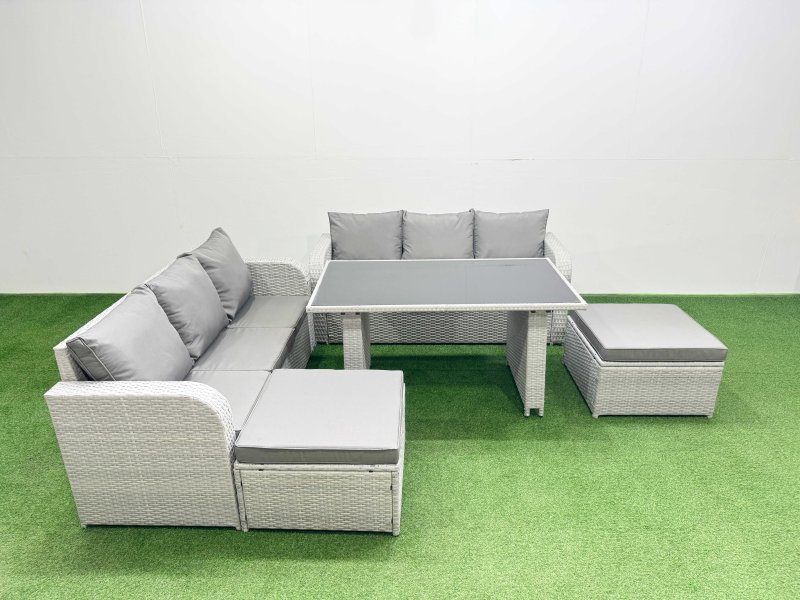 Fimous 8 Seater Rattan Outdoor Dining Table 3 Seater Sofa Set with 2 Big Stools Light Grey