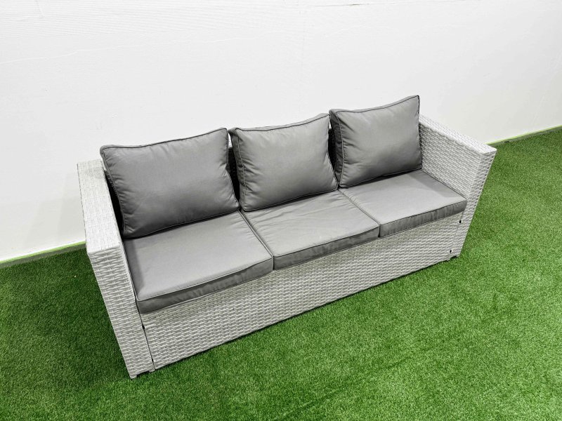 Fimous 6 PCs Rising Dining Table Set Rattan Furniture Set with 3 Seater Sofa Chair 3 Footstools Light Grey