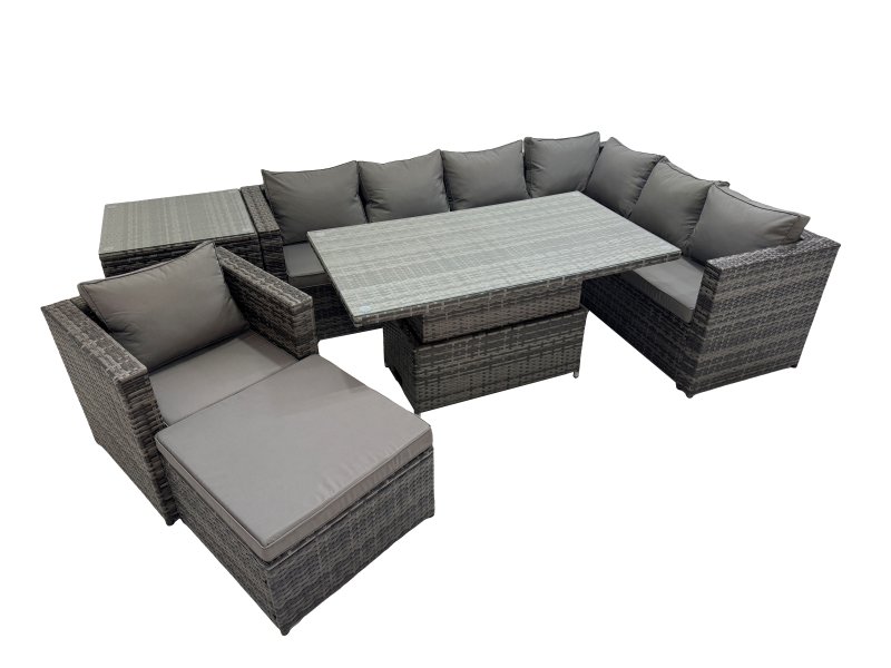 Fimous 8 Seater Rattan Height Adjustable Rising Lifting Table Corner Sofa Sets with Chair Big Stools Side Table Dark Grey Mixed