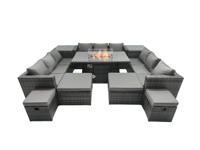 Fimous Rattan Garden Furniture Firepit Dining Set 13 Seater Lounge Sofa Table Set with 4 Footstools 2 Side Tables